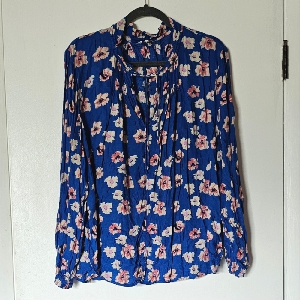 Lucky Brand blue pink floral slit-sleeve viscose front tie blouse Size XL